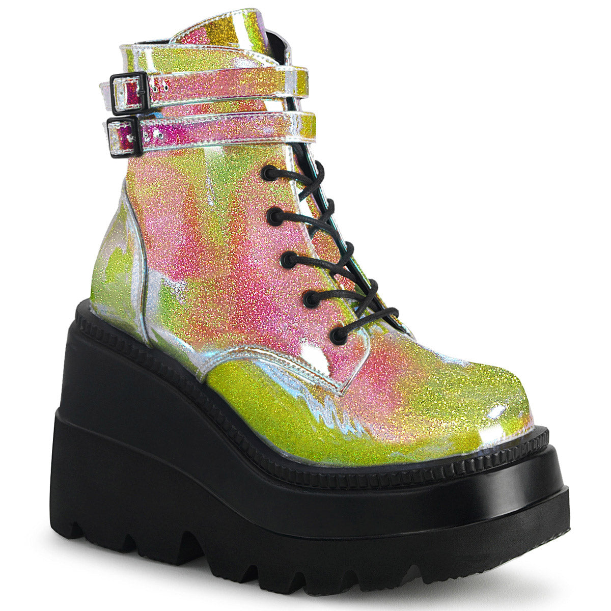 4 1/2" Wedge PF Lace-Up Ankle Boot, Side Zip Pleaser Demonia SHAKER/52