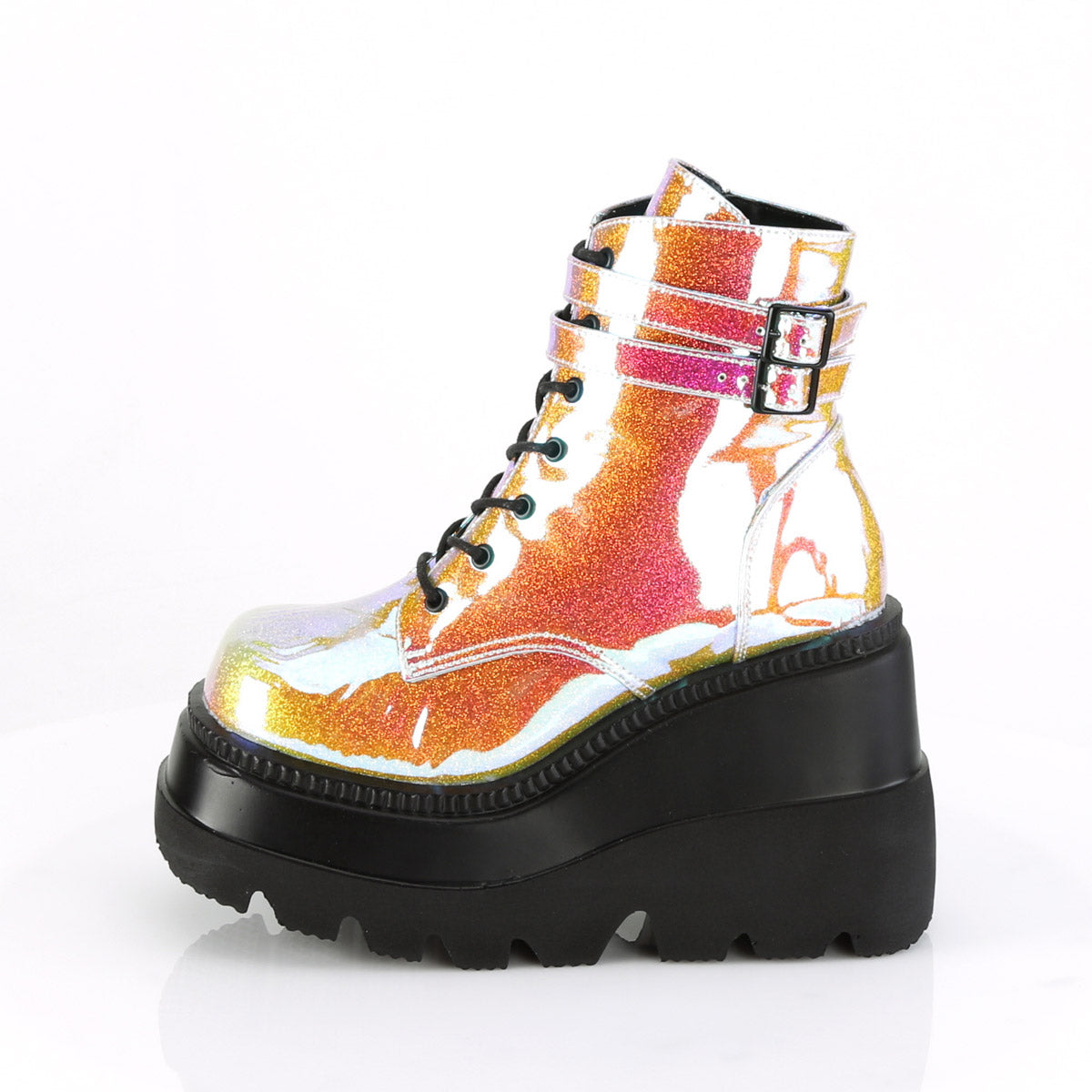 4 1/2" Wedge PF Lace-Up Ankle Boot, Side Zip Pleaser Demonia SHAKER/52