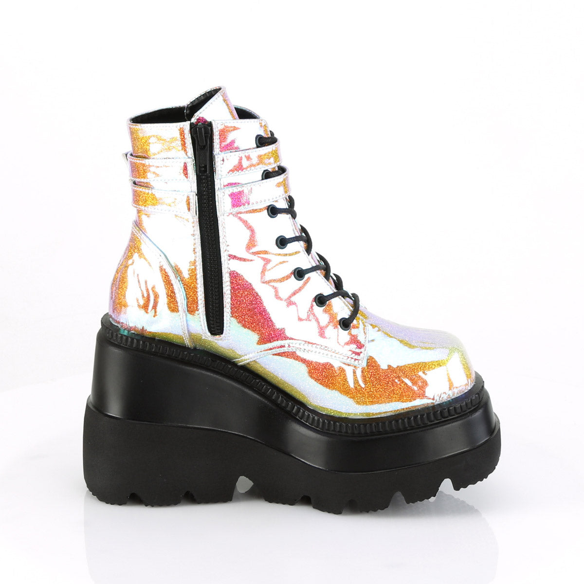 4 1/2" Wedge PF Lace-Up Ankle Boot, Side Zip Pleaser Demonia SHAKER/52