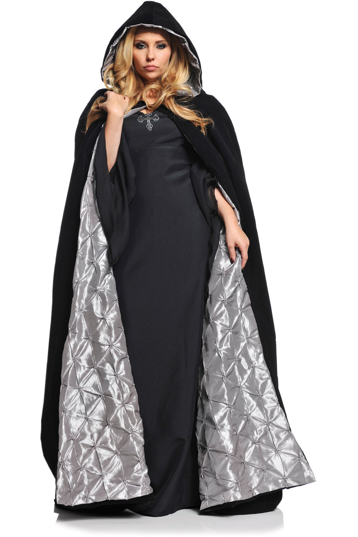 63? Deluxe Velvet & Satin Cape With Embossed Lining - Silver Underwraps  29293