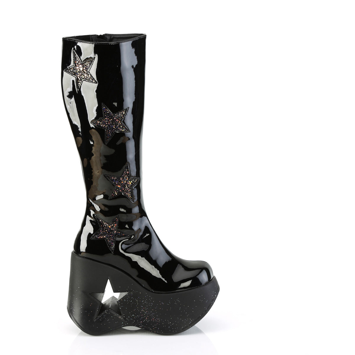 5" Star Cutout Pf Wedge Knee High Boot, Inside Zip Pleaser Demonia DYN600/B-BMCG