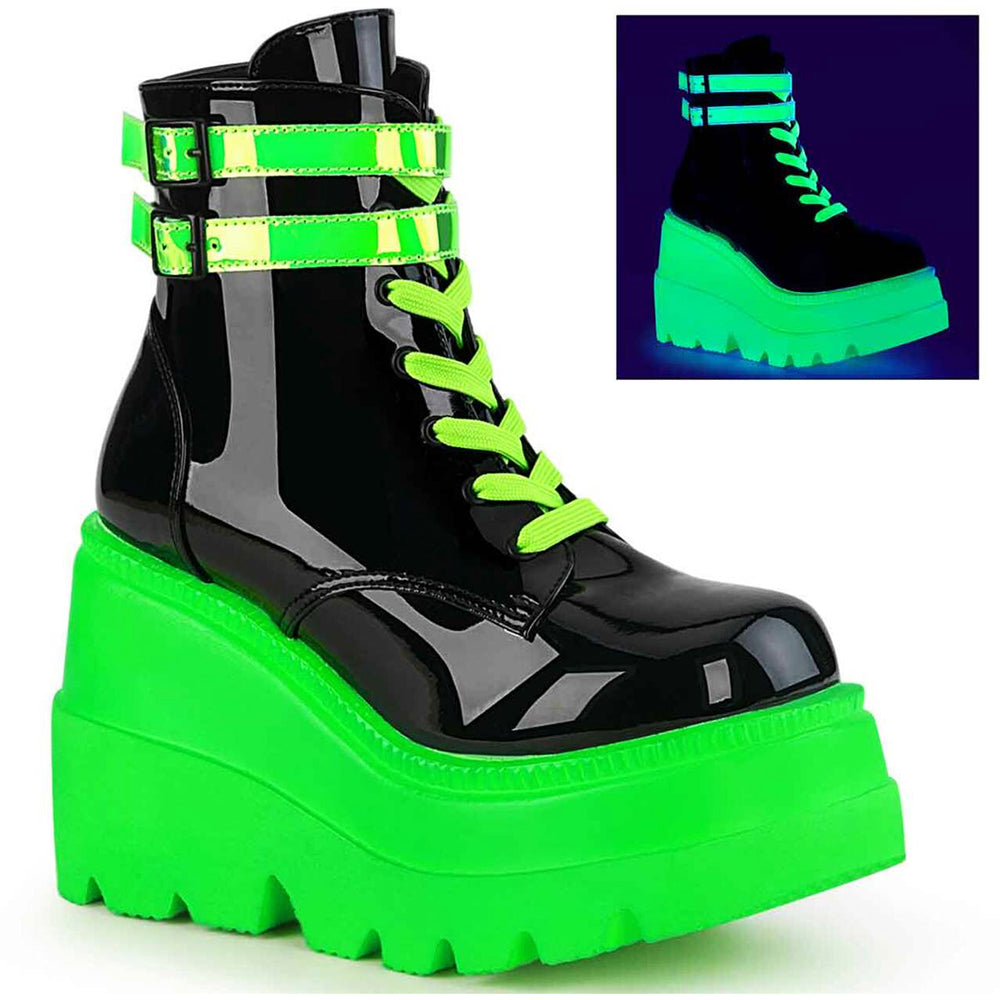4 1/2" Wedge Pf Lace-up Ankle Boot, Side Zip Pleaser Demonia SHA52/BPT/UVNGN
