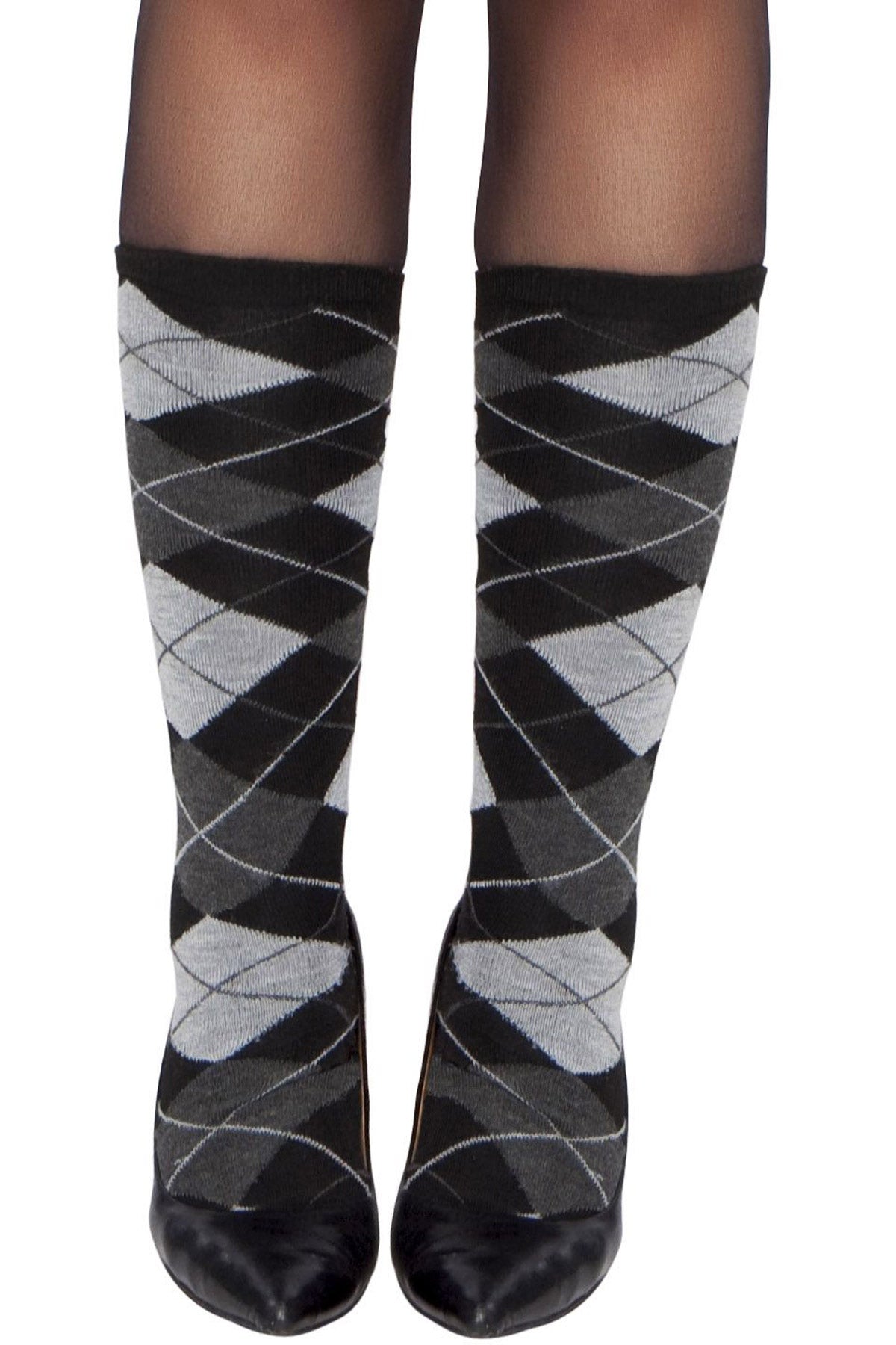 School Girl Nerd Grey Argyle Knee High Socks Roma  STC108