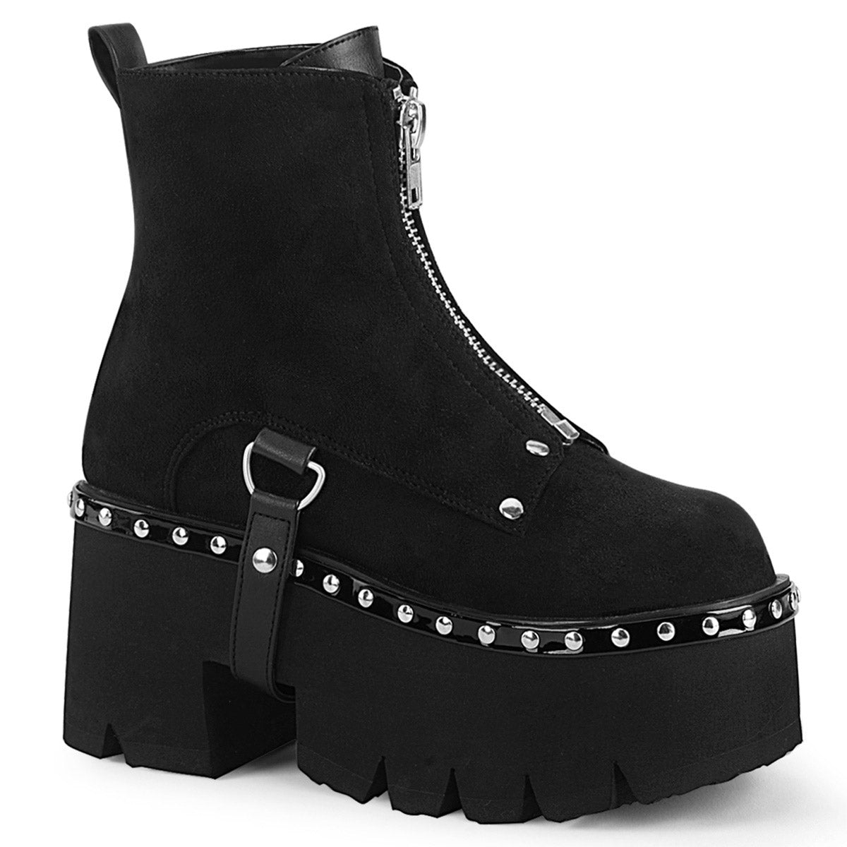 3 1/2" Chunky Heel, Cut Out PF Ankle Boot, Front Zip Pleaser Demonia ASHES/100