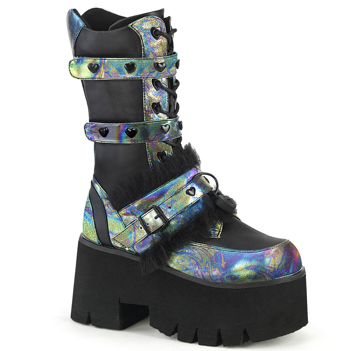 3" Chunky Heel, 2" PF Lace-Up Mid-Calf BT, Side Zip Pleaser Demonia ASHES/120