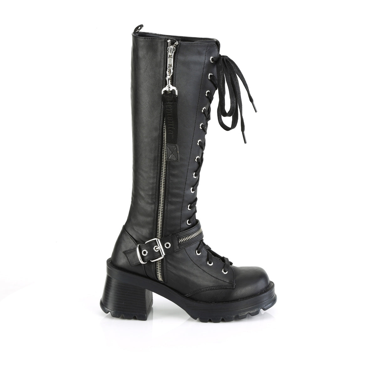 2 3/4" Heel, 1" Platform Lace-Up Knee High Boot, Outer Zip Pleaser Demonia BRATTY206/BVL