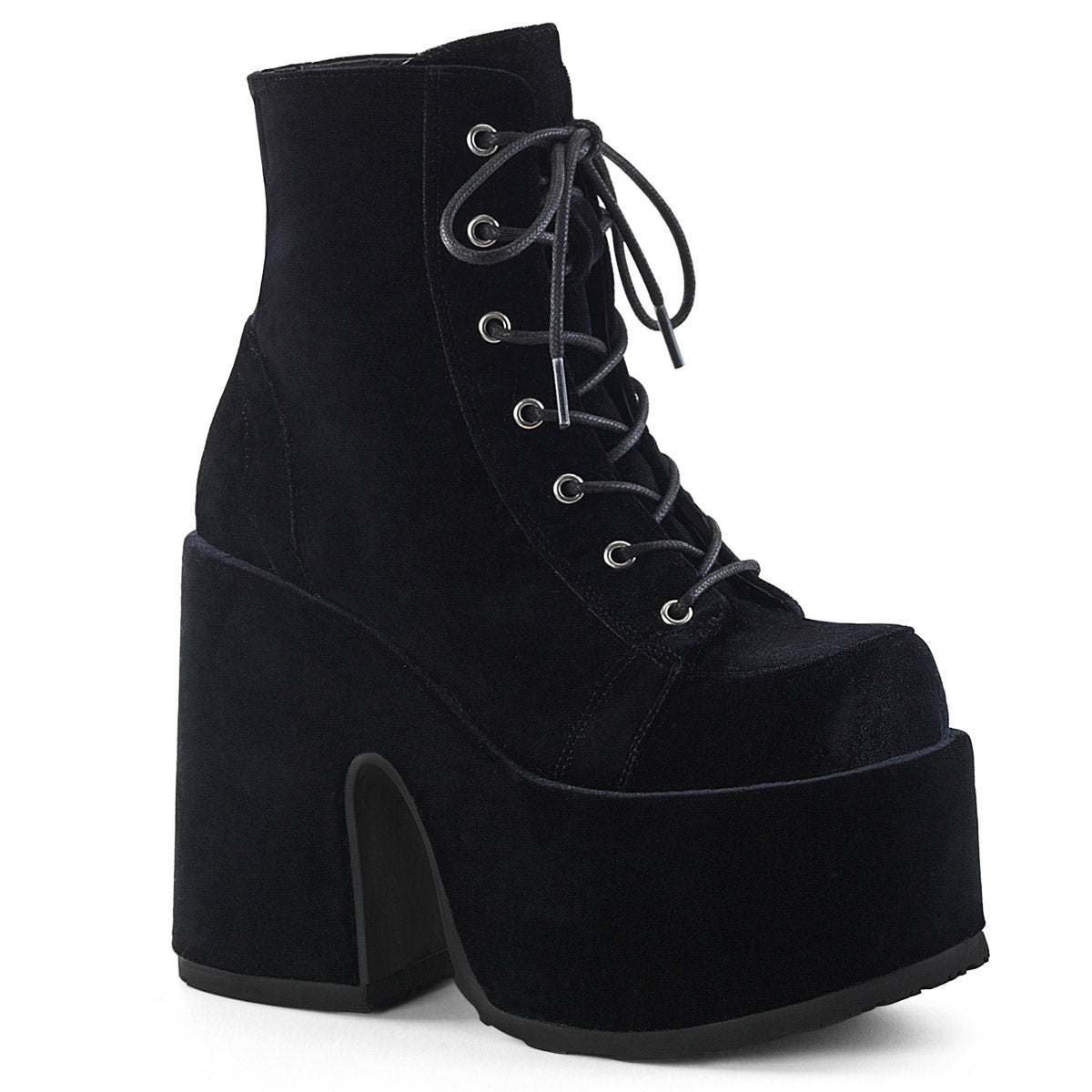 5" Chunky Heel, 3" P/F Lace-Up Ankle Boot, Metal Back Zip Pleaser Demonia CAM203/BVEL