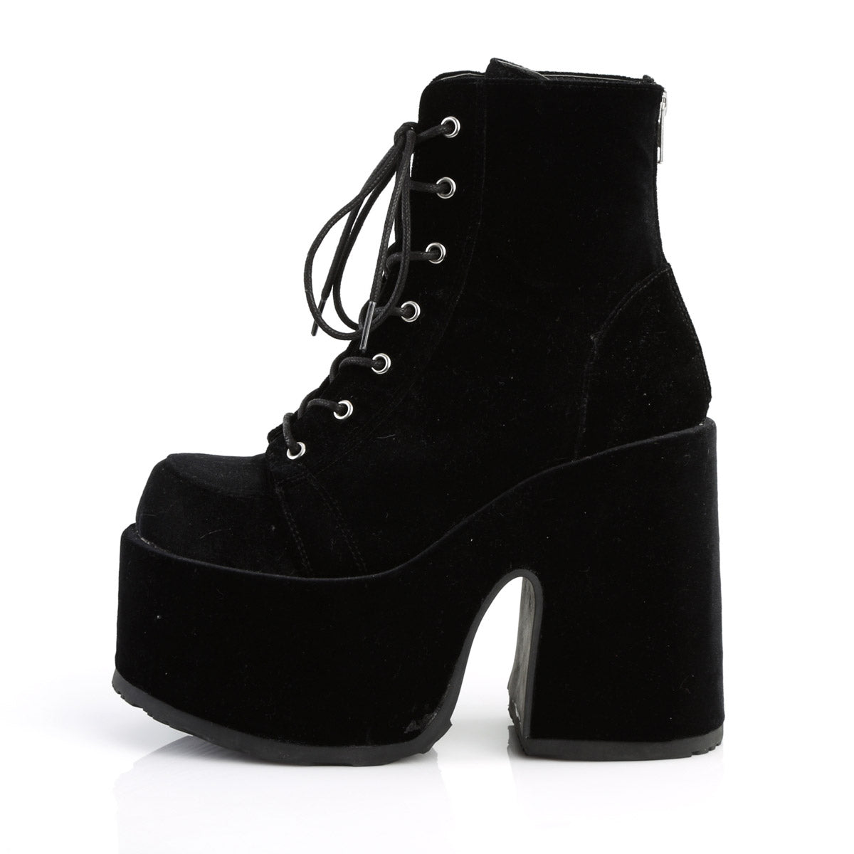 5" Chunky Heel, 3" P/F Lace-Up Ankle Boot, Metal Back Zip Pleaser Demonia CAM203/BVEL