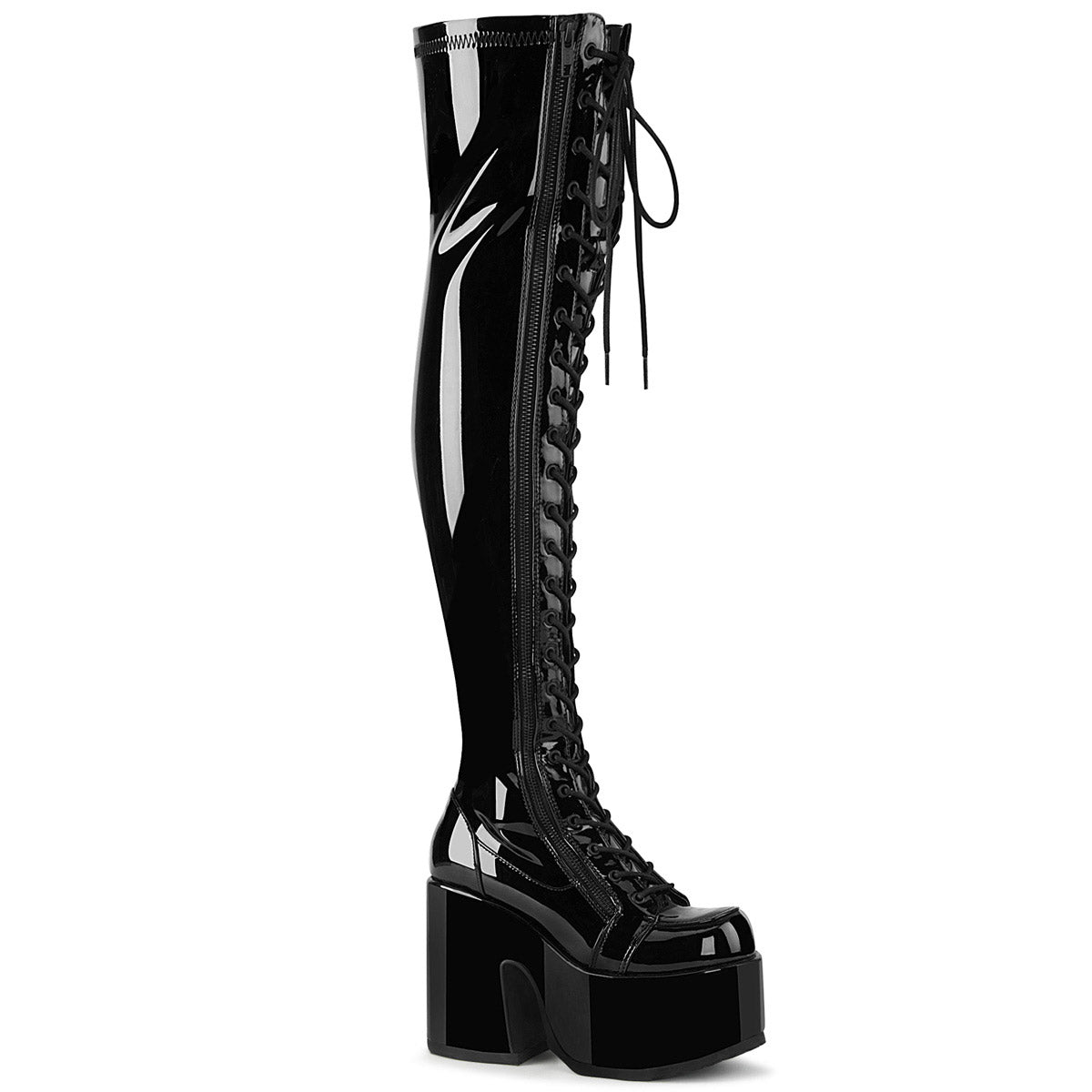 5" Chunky Heel, 3" PF Thigh-High Lace-Up Boot, Outside Zip Pleaser Demonia CAM300/B