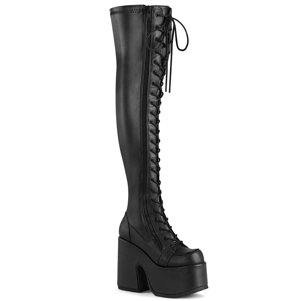 5" Chunky Heel, 3" PF Lace-Up Thigh-High Boot, Outside Zip Pleaser Demonia CAM300/BVL