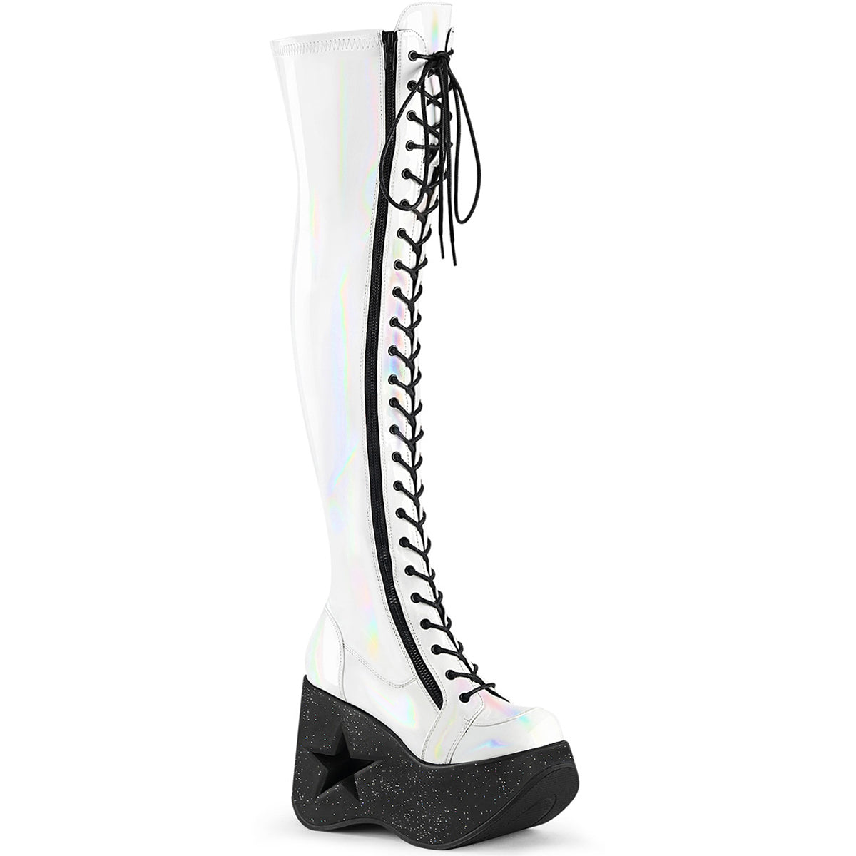 5" Star Cutout Pf Wedge Lace-Up Thigh-High Boot,Outside Zip Pleaser Demonia DYNAMITE/300