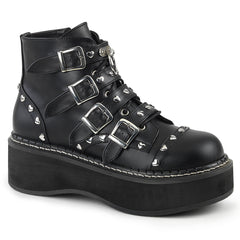 2" Platform Lace-Up Front/ Buckle Strap Ankle Boot, Side Zip Blk Vegan Leather Pleaser Demonia EMI315/BVL