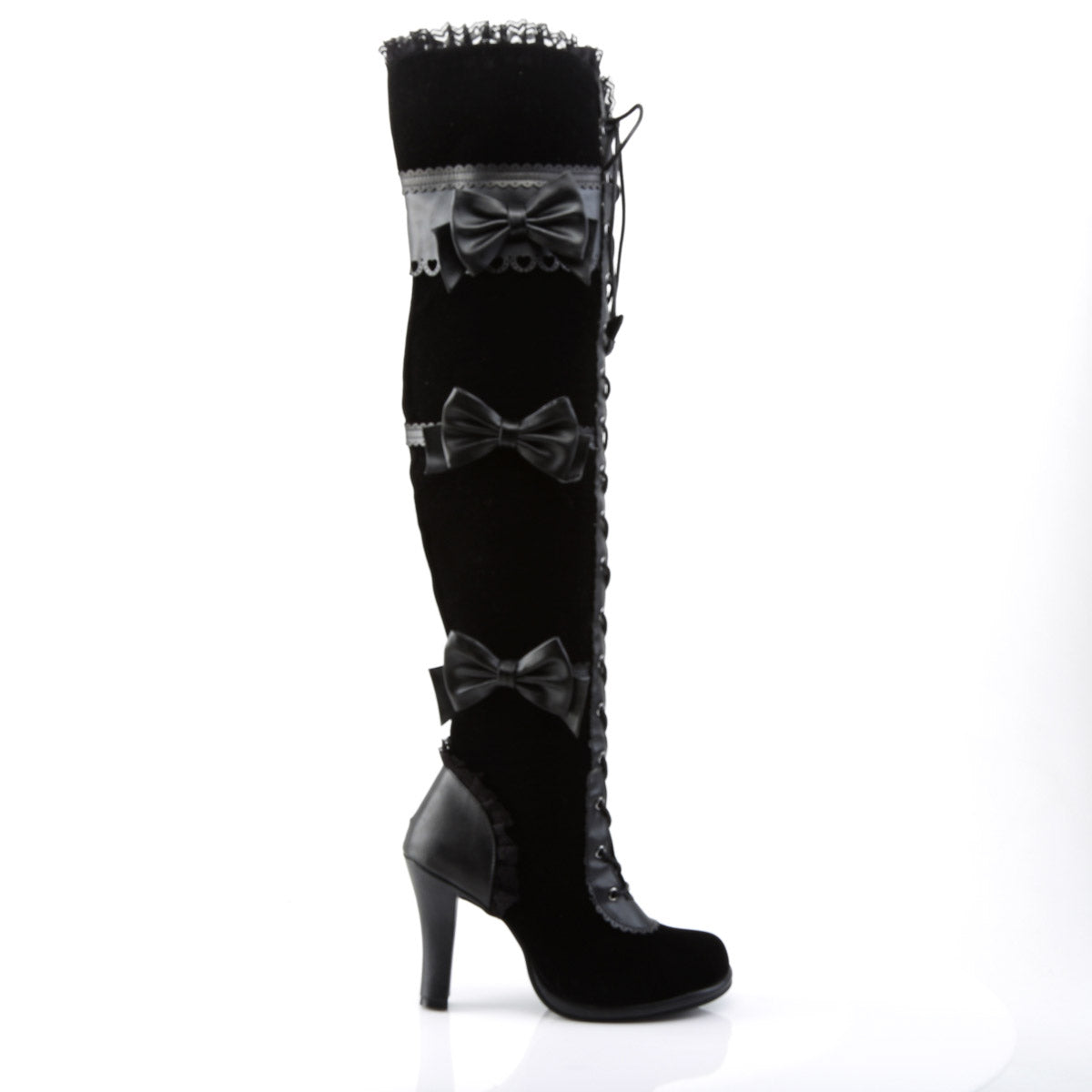 3 3/4" Heel, 1/2" P/F Goth Lolita Over-the-Knee Boot W/ Bows Blk Vegan Leather-Velvet Pleaser Demonia GLAM/300