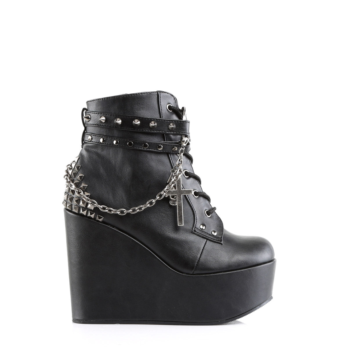 5" Wedge PF Boot w/Straps, Studs, Assorted Charms & Chain Blk Vegan Leather Pleaser Demonia POISON/101