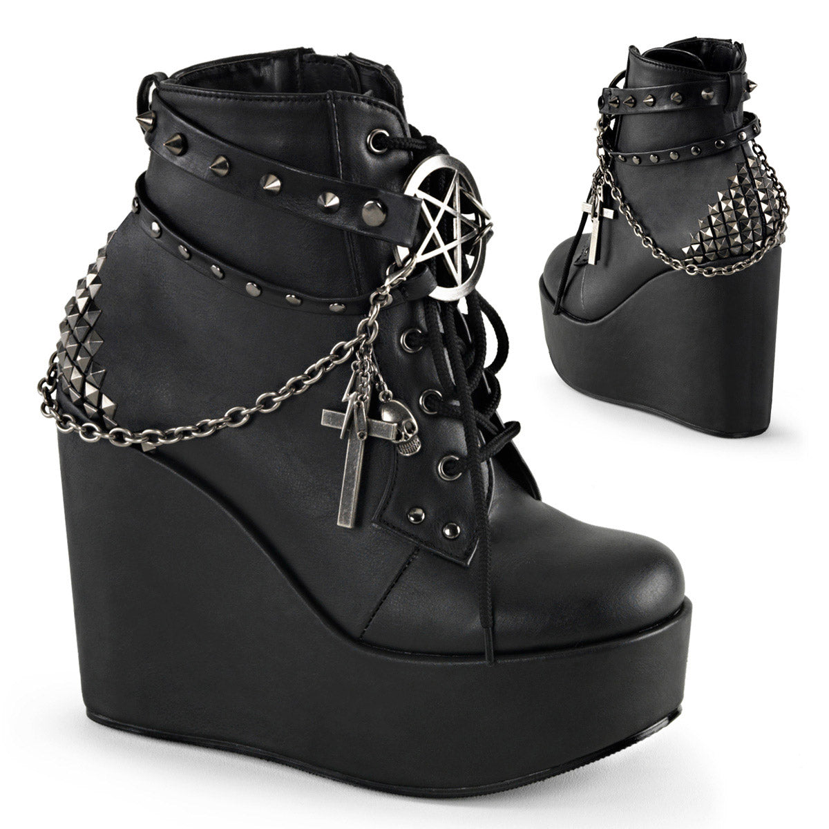 5" Wedge PF Boot w/Straps, Studs, Assorted Charms & Chain Blk Vegan Leather Pleaser Demonia POISON/101