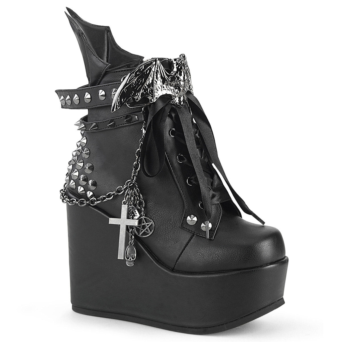 5" Wedge PF Boot w/Straps, Studs, Assorted Charms, Chain Pleaser Demonia POISON/107