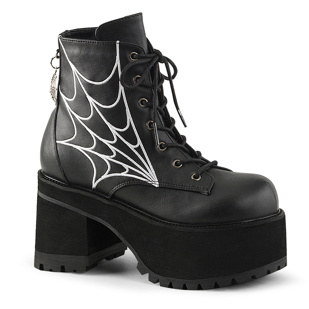 4" Heel, 2 1/2" PF Ankle Boot w/ Spider Wed Embroidery Blk Vegan Leather Pleaser Demonia RANGER/105