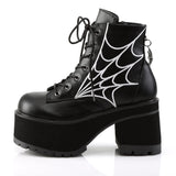 4" Heel, 2 1/2" PF Ankle Boot w/ Spider Wed Embroidery Blk Vegan Leather Pleaser Demonia RANGER/105