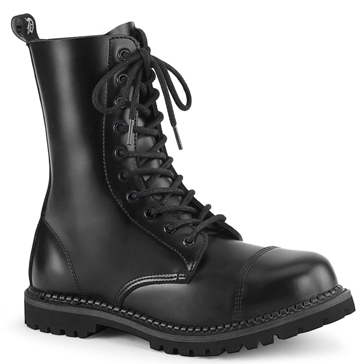 10 Eyelet Unisex Steel Toe Ankle Boot, Rubber Sole Pleaser Demonia RIOT/10