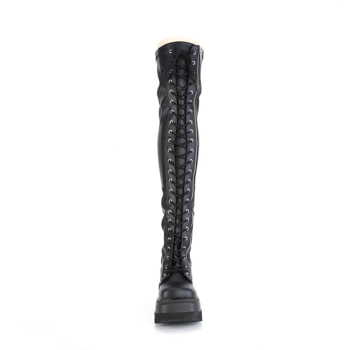 4 1/2" Wedge Pf Lace-Up Thigh-High Boot, Outside Zip Pleaser Demonia SHAKER/374