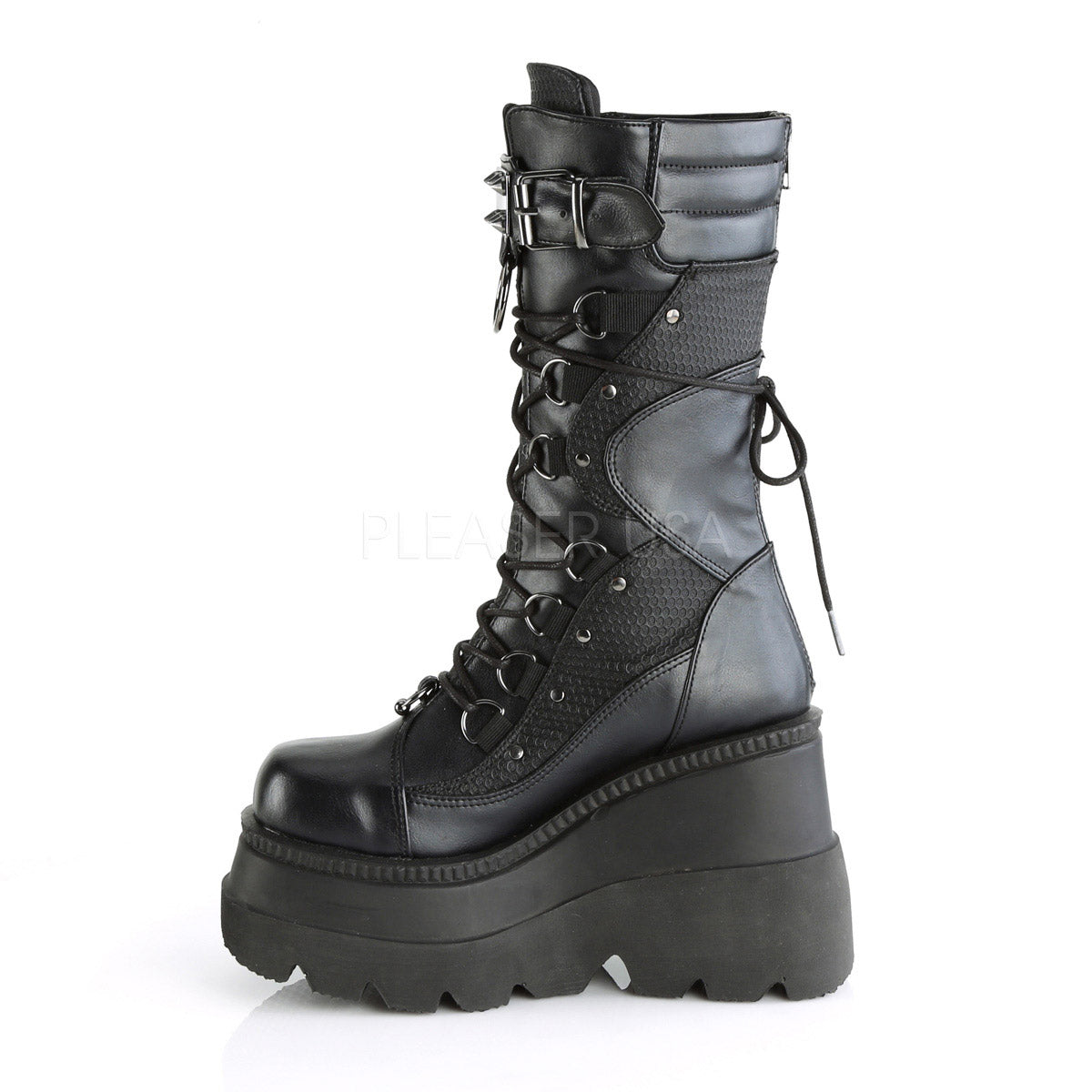 4 1/2" Wedge PF Lace-Up Mid-Calf Boot, Back Metal Zipper Pleaser Demonia SHA70/BVL