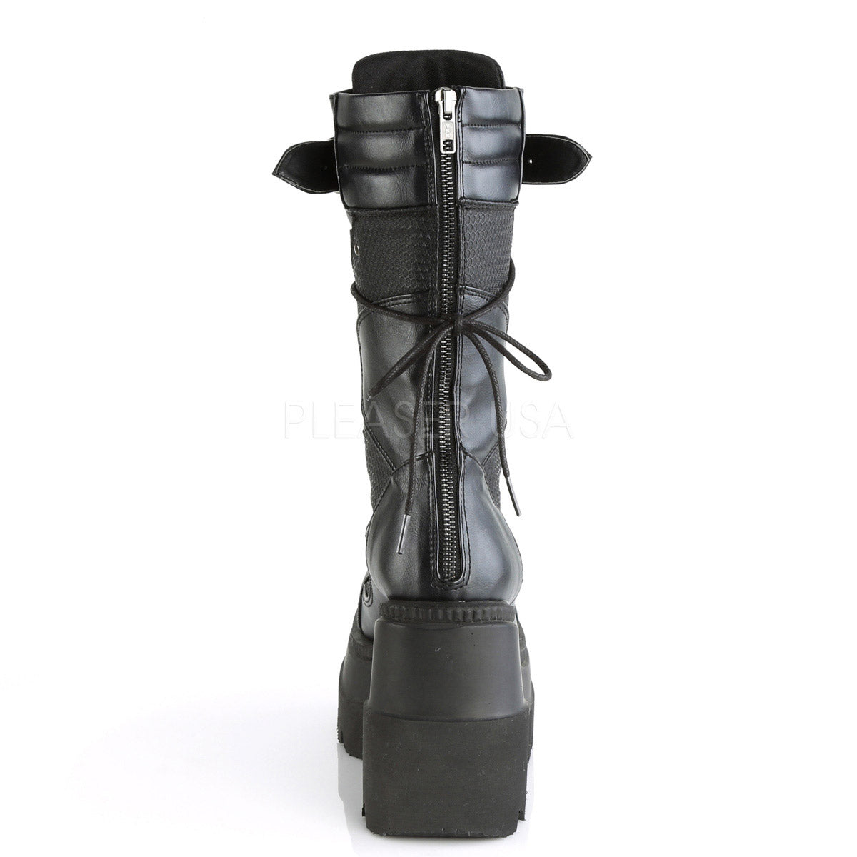 4" Wedge PF Lace-Up Mid-Calf Boot, BackMetalZipper Pleaser Demonia SHAKER/70