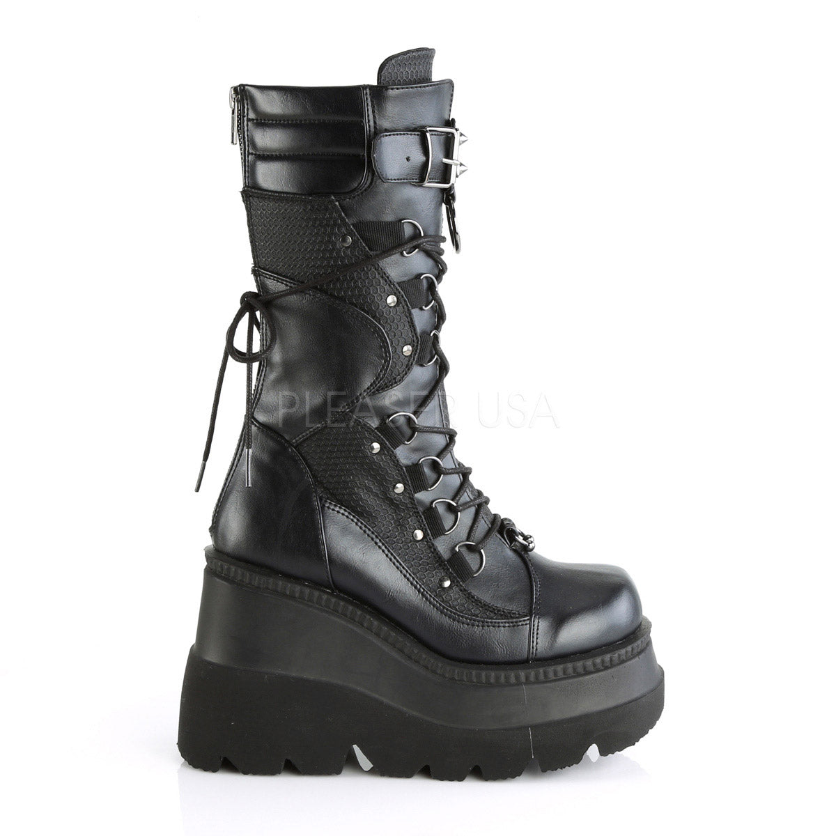 4" Wedge PF Lace-Up Mid-Calf Boot, BackMetalZipper Pleaser Demonia SHAKER/70