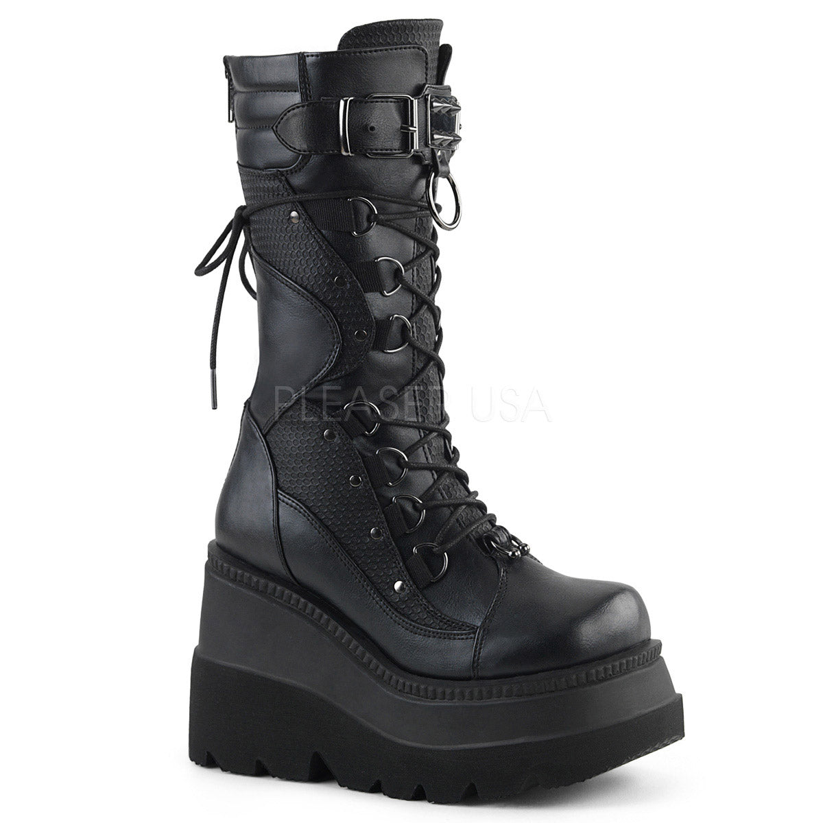 4" Wedge PF Lace-Up Mid-Calf Boot, BackMetalZipper Pleaser Demonia SHAKER/70