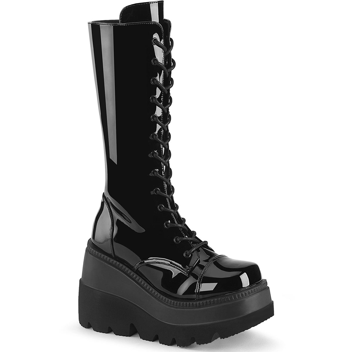 4 1/2" Wedge Pf Lace-Up Mid-Calf Boot, Side Zip Pleaser Demonia SHA72/B