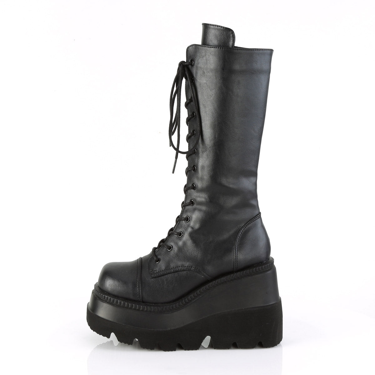 4 1/2" Wedge PF Lace-Up Mid-Calf Boot, Side Zip Pleaser Demonia SHAKER/72