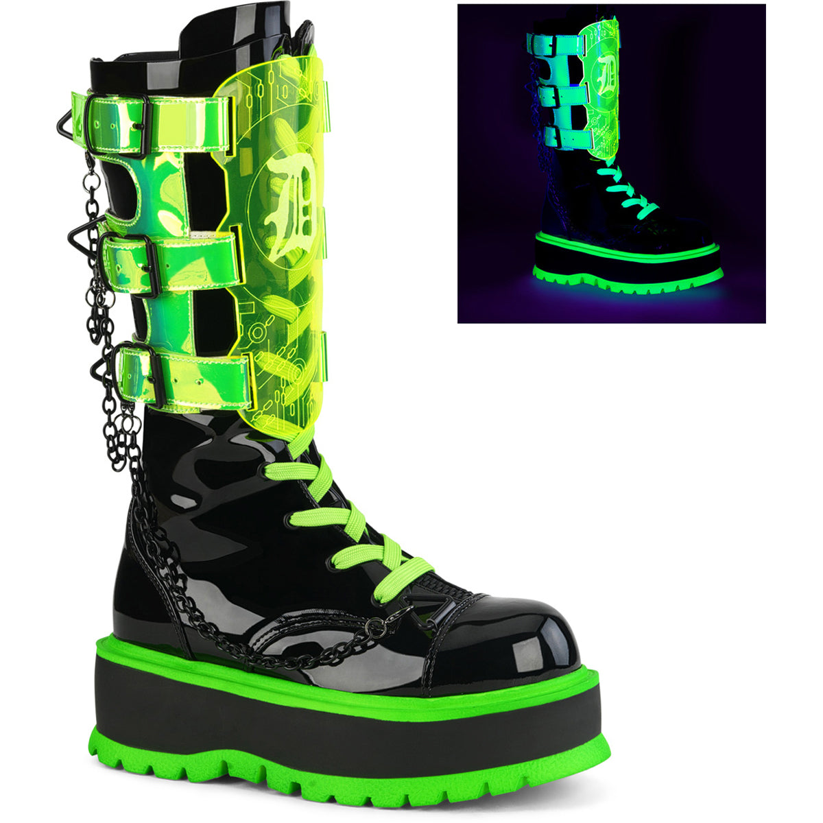 2" Pf Lace-Up Mid-Calf Boot, Metal Side Zip Pleaser Demonia SLACKER/156