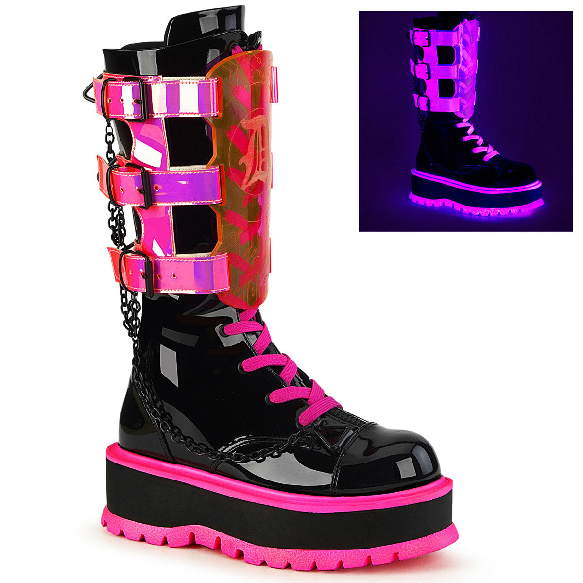2" PF Lace-Up Mid-Calf Boot, Metal Side Zip Pleaser Demonia SLACKER/156
