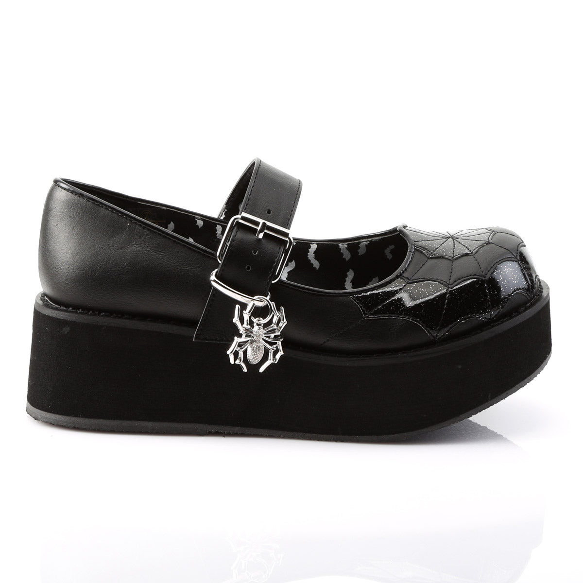 2 1/4" P/F Mary Jane w/Spider Charm & Cross Detail Blk Vegan Leather-Blk Pat Pleaser Demonia SPRITE/05