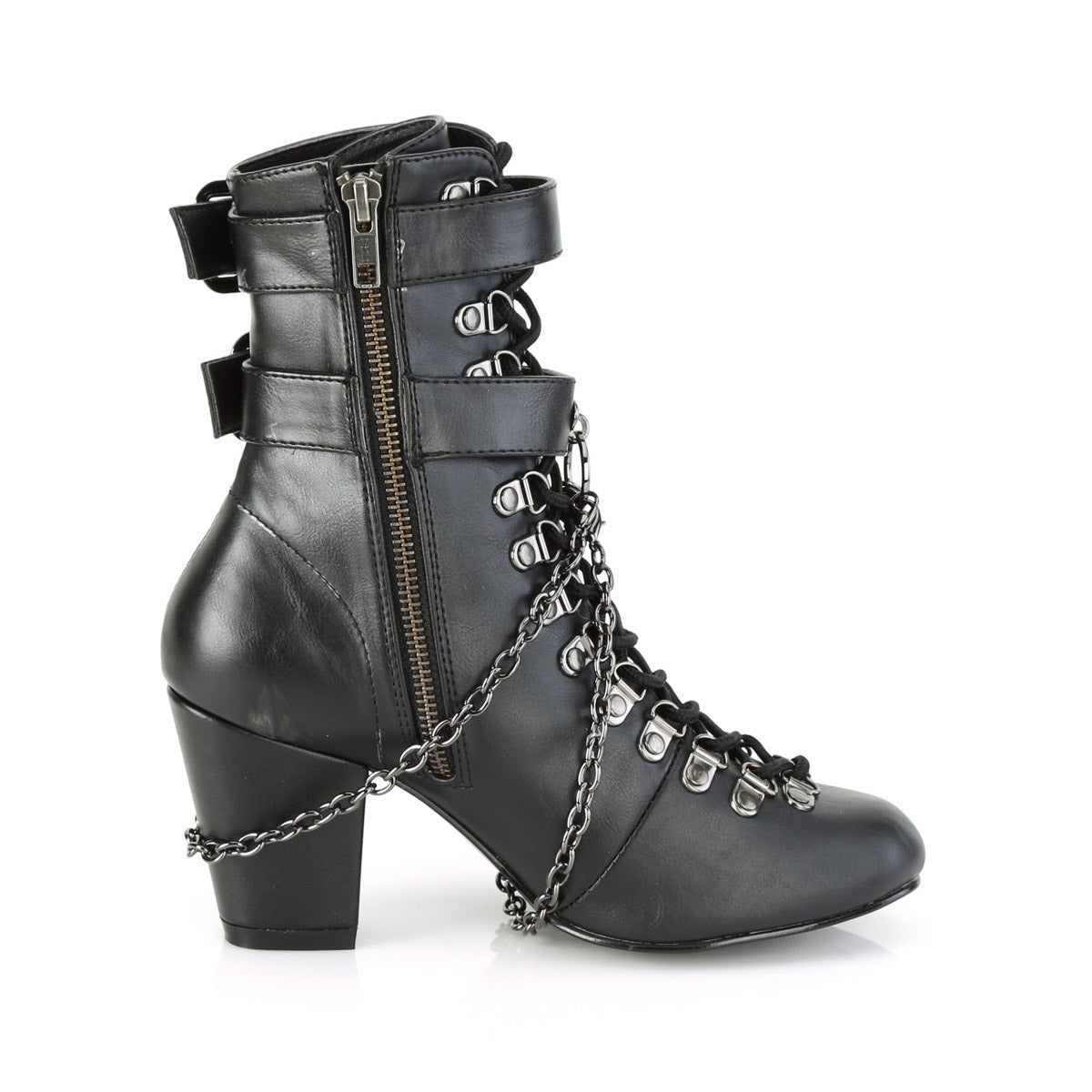 3" Block Heel Round Toe D-ring Lace-Up Ankle Boot, Size Zip Pleaser Demonia VIVIKA/128