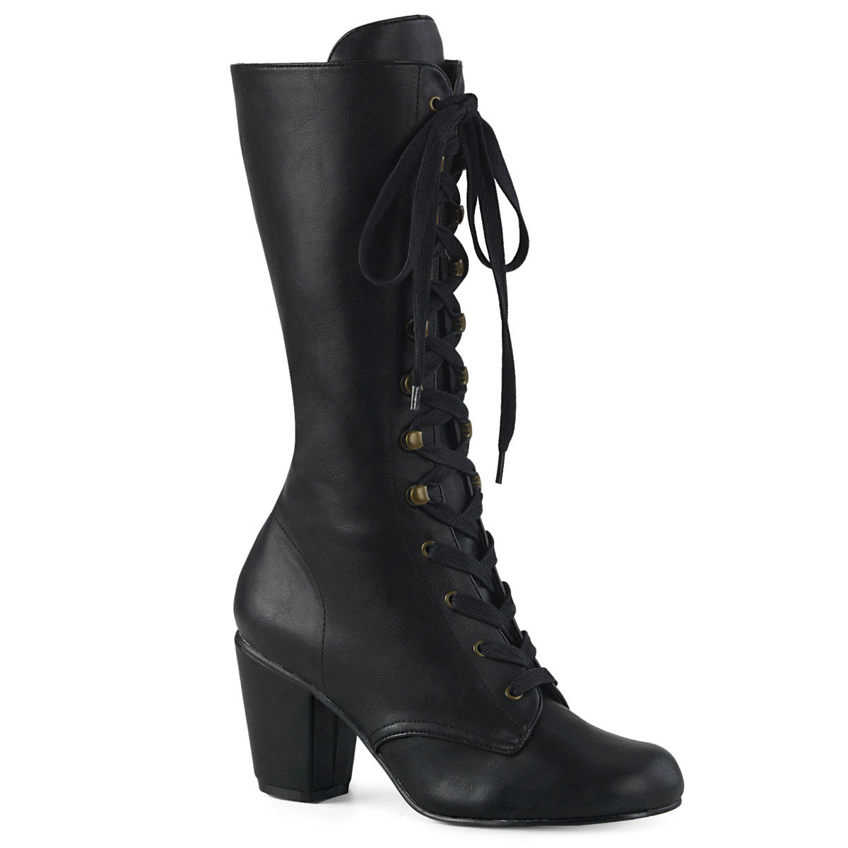 3" Block Heel Round Toe Lace-Up Mid-Calf Boot, Size Zip Pleaser Demonia VIVIKA/205