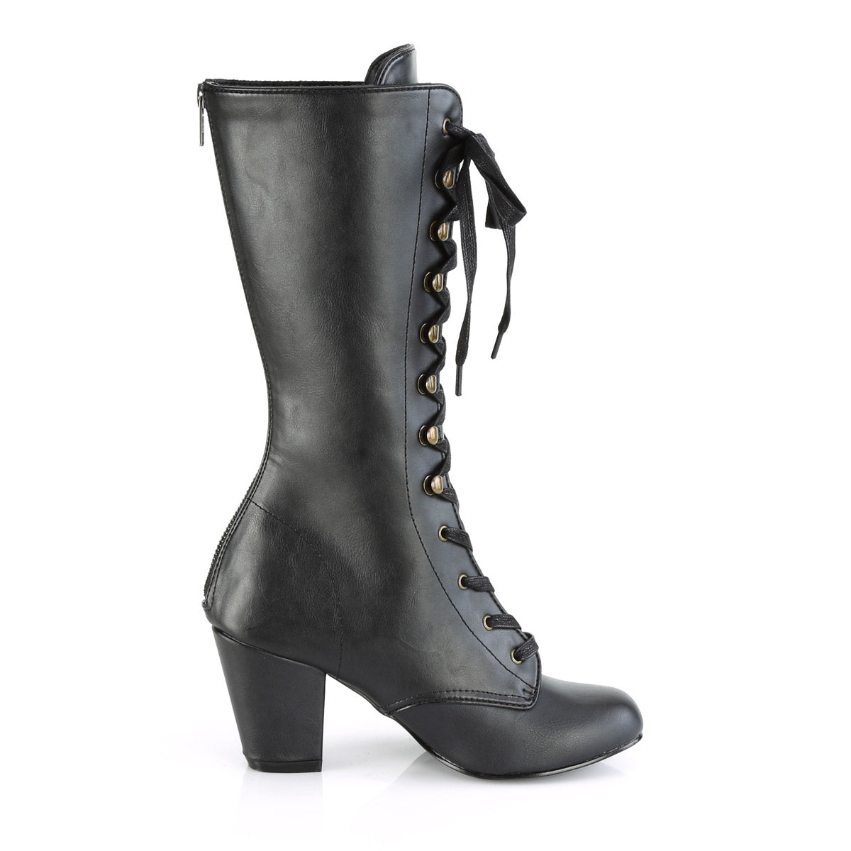 3" Block Heel Round Toe Lace-Up Mid-Calf Boot, Size Zip Pleaser Demonia VIVIKA/205