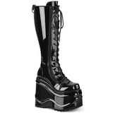 6" Wedge PF Lace-Up Knee High Boot, Back Metal Zip Pleaser Demonia WAVE/200