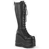 6" Wedge PF Lace-Up Knee High Boot, Back Metal Zip Pleaser Demonia WAVE/200